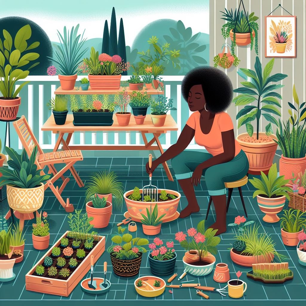 An illustration of a black lady engaging in container gardening activities