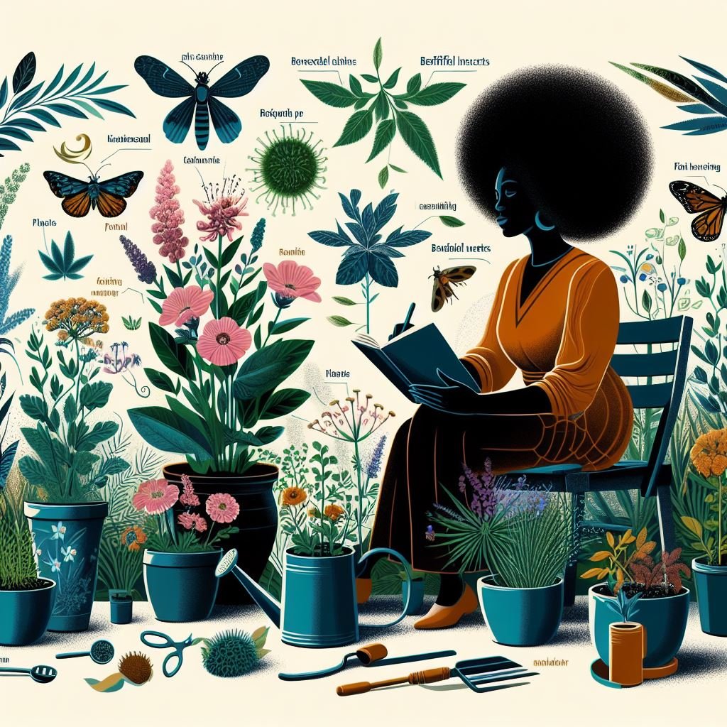 An illustration of a black lady in a garden setting, surrounded by a harmonious mix of companion plants