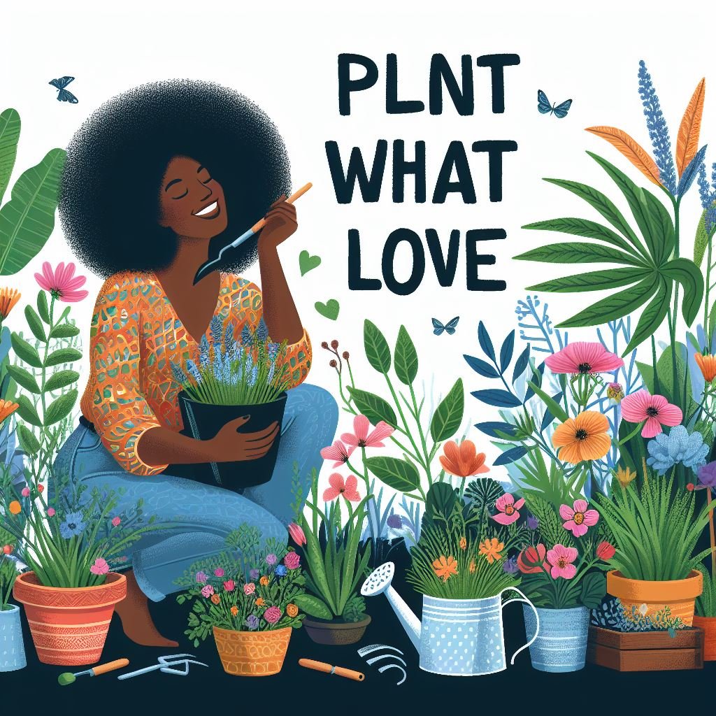 An illustration of a black lady joyfully tending to her garden, surrounded by a variety of plants