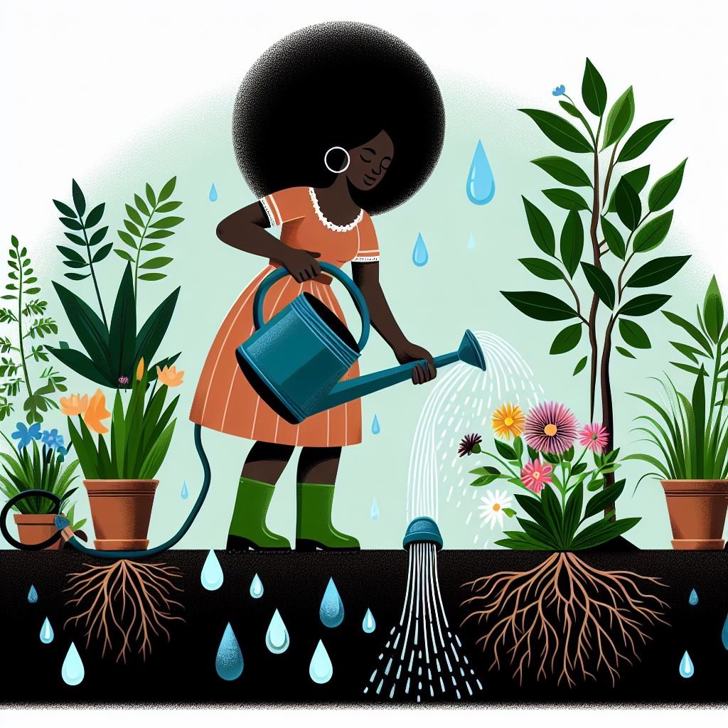 An illustration of a black lady watering plants at their roots in a garden